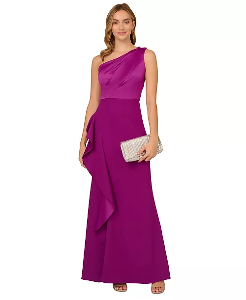 one-shoulder satin-trim draped gown