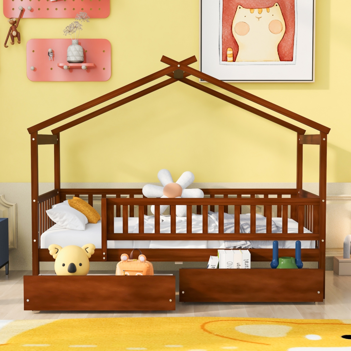 Simplie Fun Twin Size Wooden House Bed With Two Drawers, Walnut