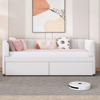 Twin Size Upholstered Daybed With Ergonomic Design Backrest And 2 Drawers