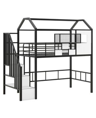 Metal Loft Bed With Roof Design And A Storage Box, Twin