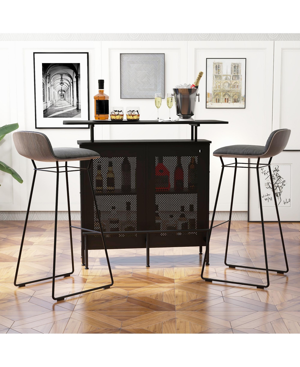 Costway 4-Tier Metal Home Bar Unit Liquor Bar Table with Storage Shelves & Glass Holders