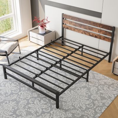 Queen Size Platform Bed Frame With Rustic Vintage Wood Headboard, Strong Metal Slats Support