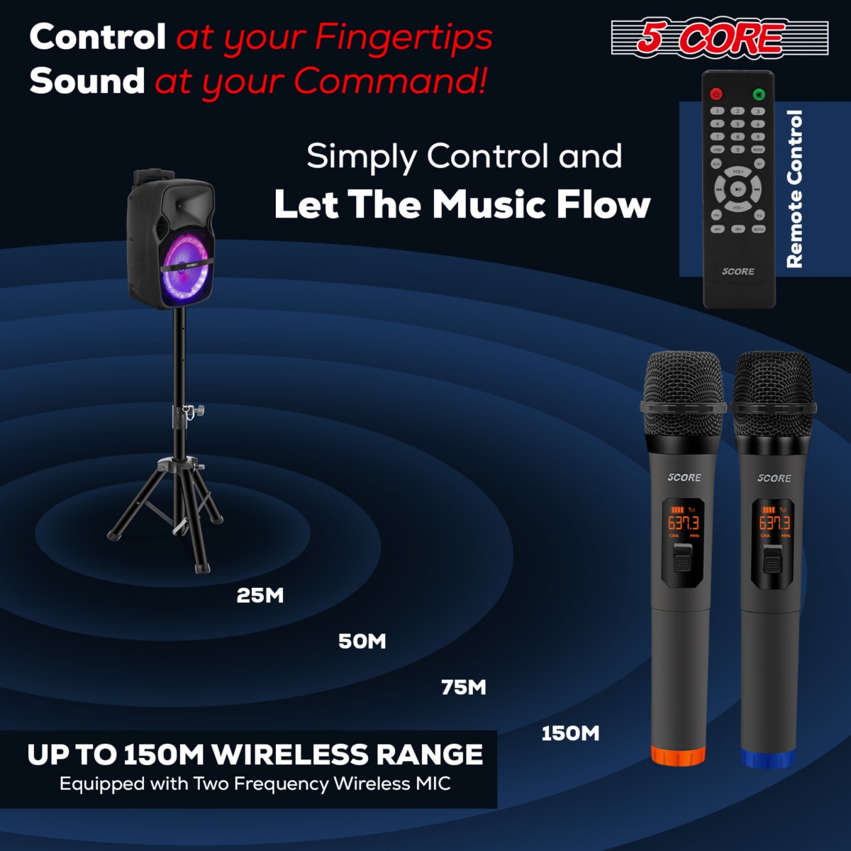 5 Core 8 Inch Tws Bluetooth Party Speakers 250 W Portable Karaoke Pa System Rechargeable Loudspeaker + Tripod Stand & 2x Wireless Mics Led Light