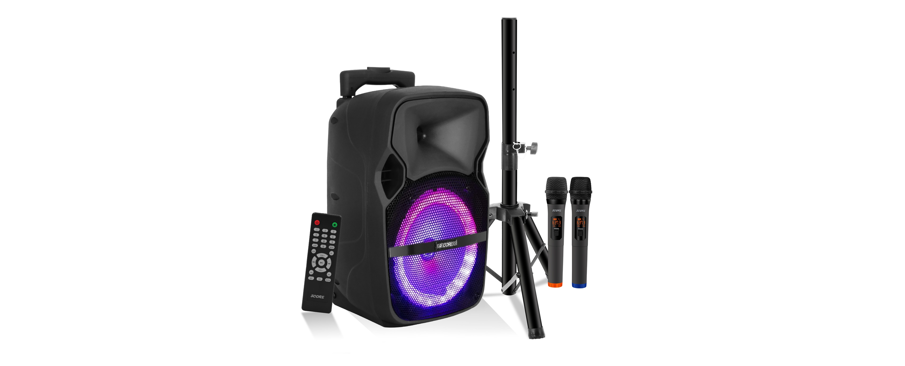 5 Core 8 Inch Tws Bluetooth Party Speakers 250 W Portable Karaoke Pa System Rechargeable Loudspeaker + Tripod Stand & 2x Wireless Mics Led Light