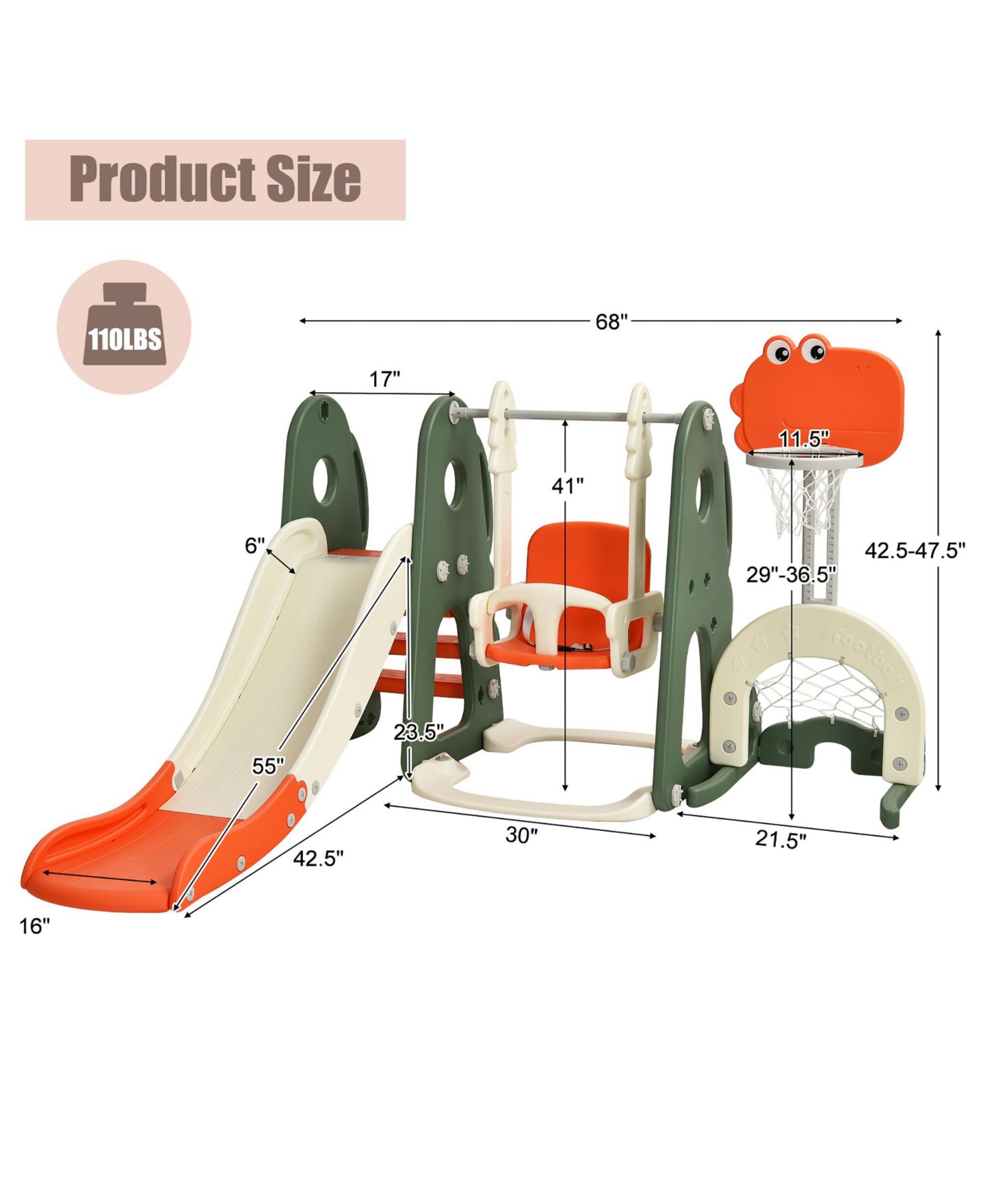 Детские игрушки Costway 6 in 1 Toddler Slide and Swing Set Climber Playset w/ Ball Games Orange, цвет: Оранжевый — фото 10