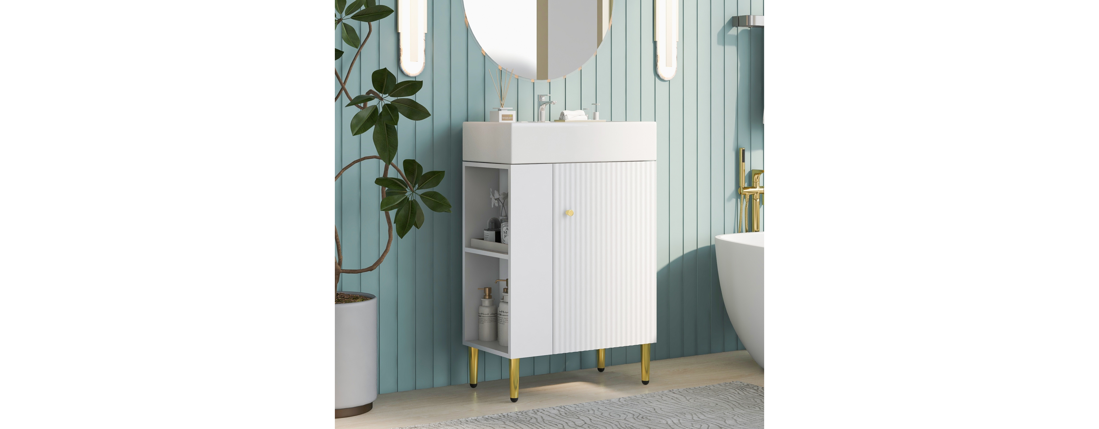 21.6" Black Bathroom vanity, Combo Cabinet, Bathroom Storage Cabinet, Single Ceramic Sink, Left side storage