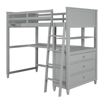 Twin Size Loft Bed With Drawers And Desk, Wooden Loft Bed With Shelves