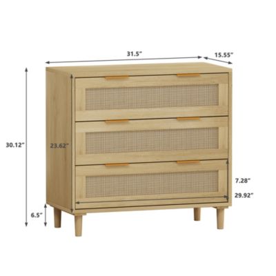 Modern 3-Drawer Oak Rattan Storage Cabinet (Set of 2)
