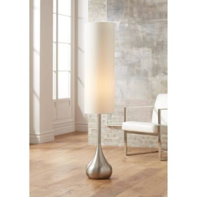 Mid Century Modern Floor Lamp 62" Tall Brushed Steel Droplet Cotton Cylinder Shade for Living Room Bedroom Office