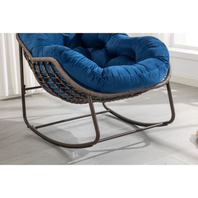 Navy Blue Outdoor Rattan Rocking Chair with Cushion