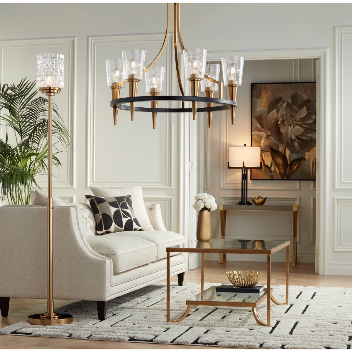 Possini Euro Design Kinsey Modern Glam Style Torchiere Floor Lamp Standing Tall Antique BrassMetal Stone Pattern Glass Cylinder Shade for