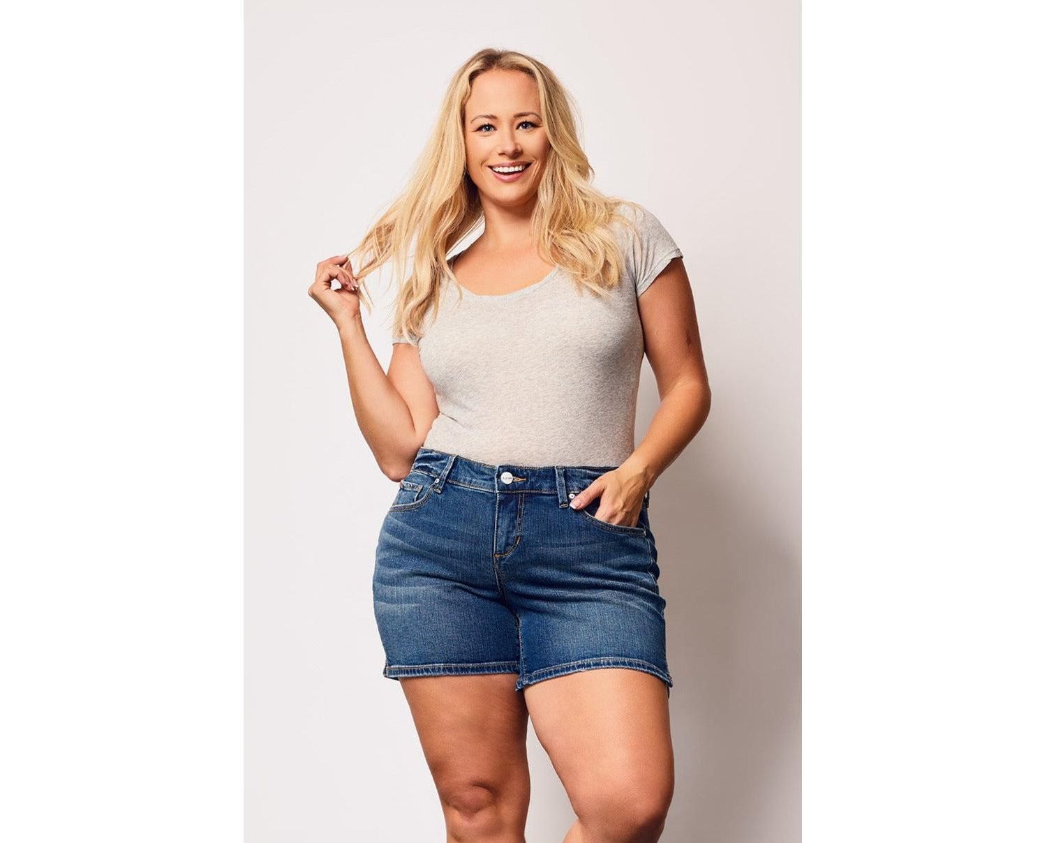 Plus Size Denim Mid Rise Shorts with Side Vents