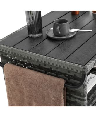 Outdoor Wicker Bar Cart with Wheels and Glass Tabletop