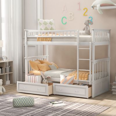 Twin Size Over Pine Wood Bunk Bed With Drawers, Convertible Beds