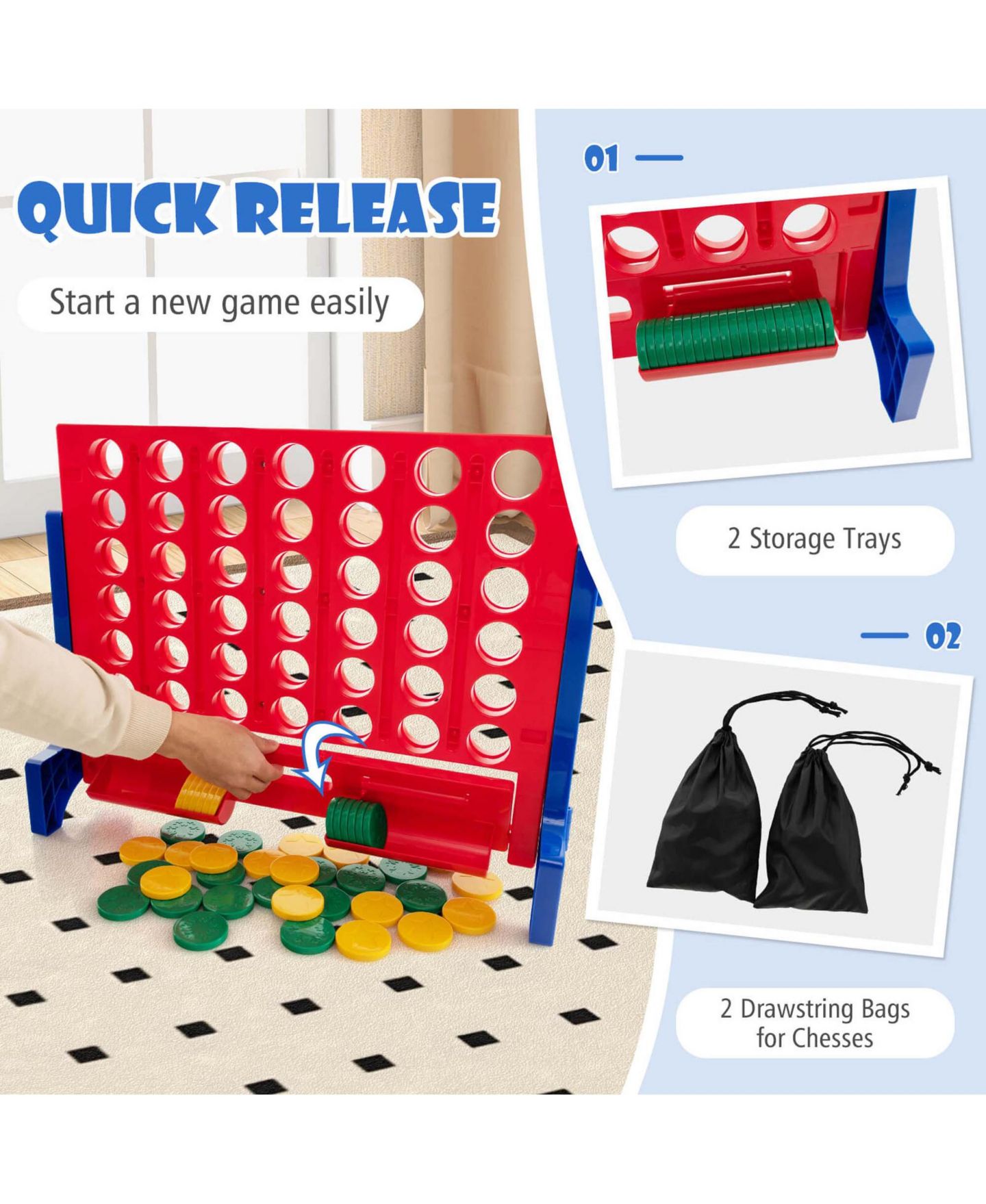 Детские настольные игры Costway Giant 4 in a Row, 2-Player Wall Mounted or Tabletop Board Game, 42-Piece, Ages 3+, цвет: Синий — фото 5