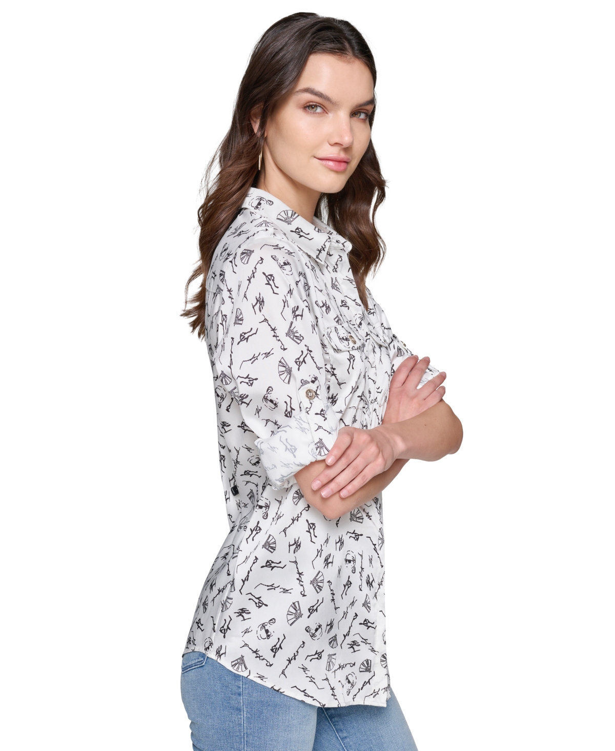 Karl Lagerfeld Paris Women's Printed Utility Button-Down Top, Regular & Petites - White  Black