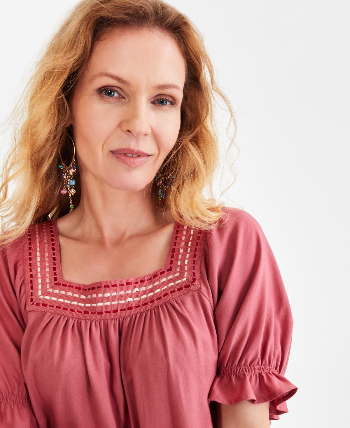 Style & Co Petite Crocheted Square-Neck Ruffled-Cuff Top, Created for Macy's