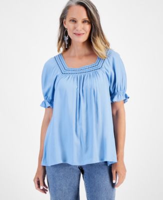 Style & Co Women's Crochet-Square-Neck Short-Sleeve Top