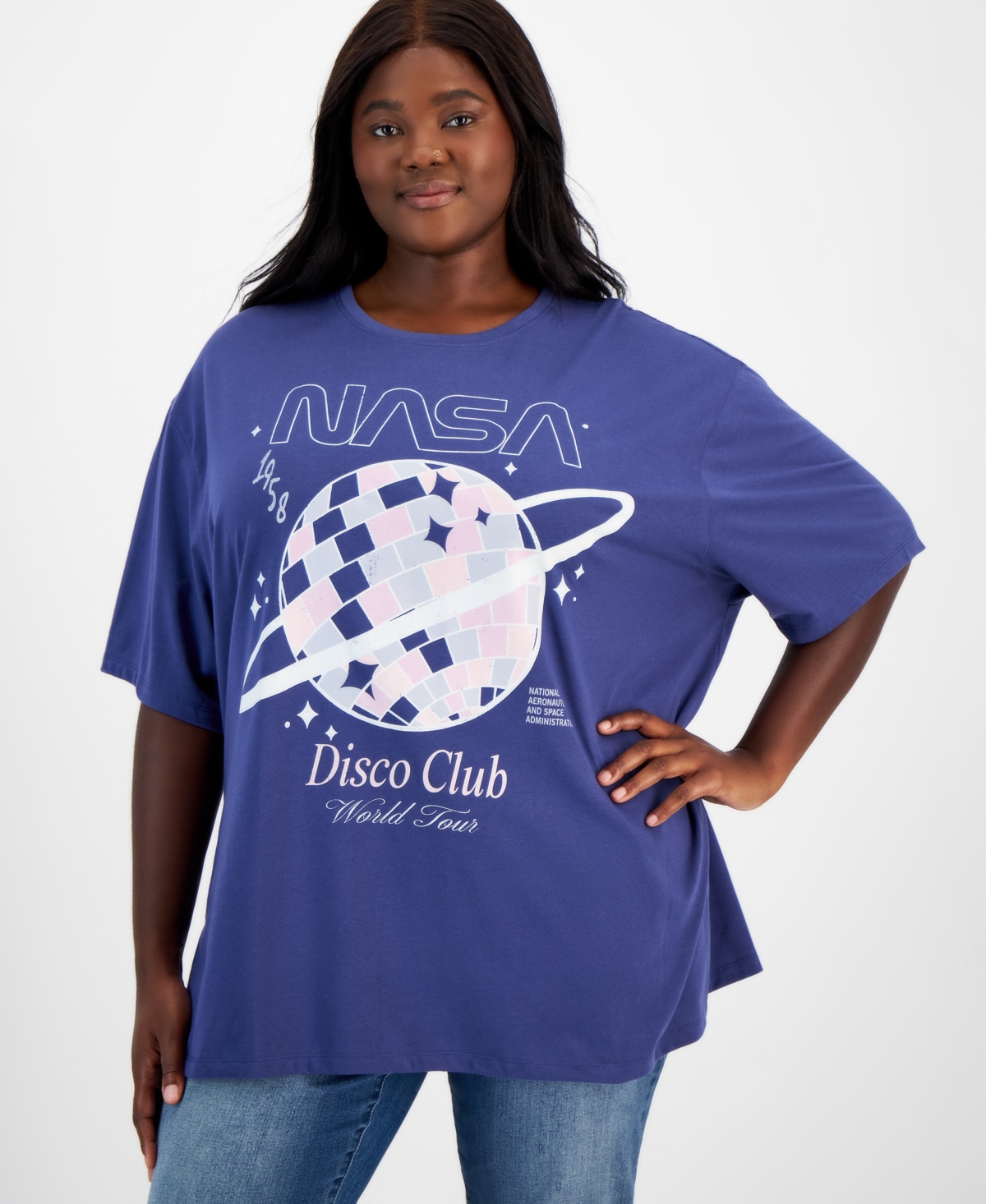 Trendy Plus Size Nasa Disco Club Short-Sleeve T-Shirt - Blue