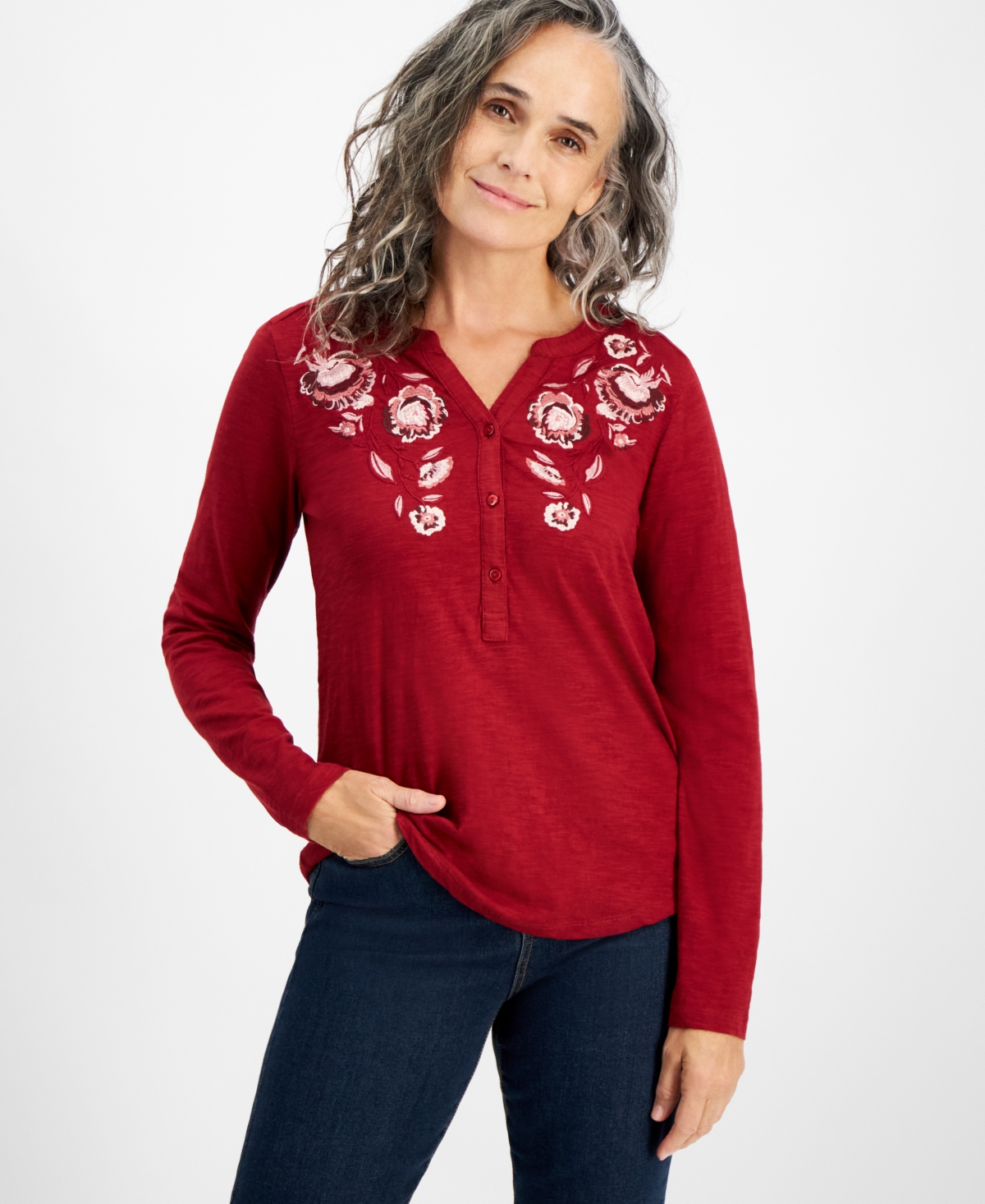 Style & Co Women's Cotton Floral-Embroidered Long-Sleeve Top, Created for Macy's
