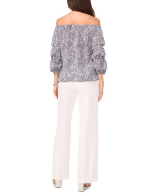 Women's Printed Off-The-Shoulder Bubble 3/4-Sleeve Tie-Front Blouse