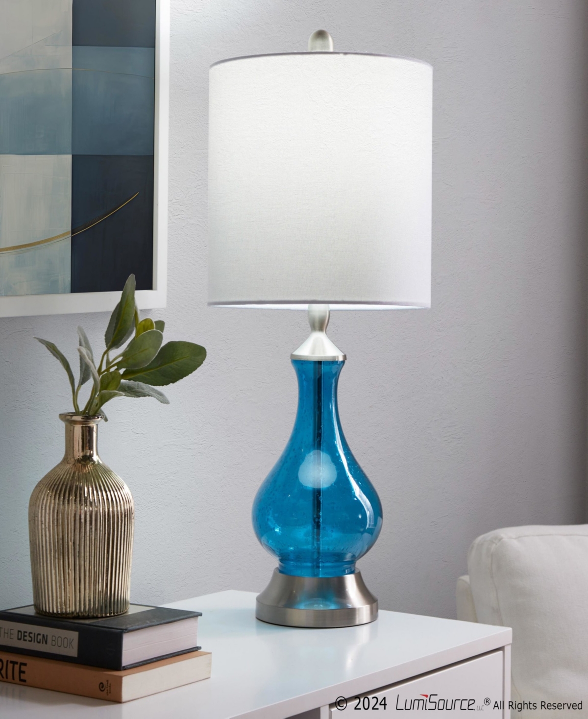 Lumisource Jasmine 22" Contemporary Glass Accent In Clear Sapphire Blue Seeded Glass,brushe