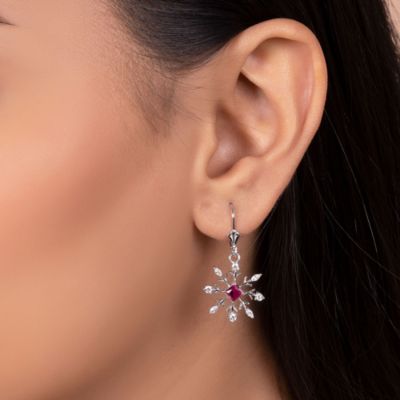 Holiday Party Christmas Pink Rose CZ Clear Cubic Zirconia Snowflake Necklace Pendant Dangling Earrings Jewelry Set For Women Lever Back .925 sterling Silver