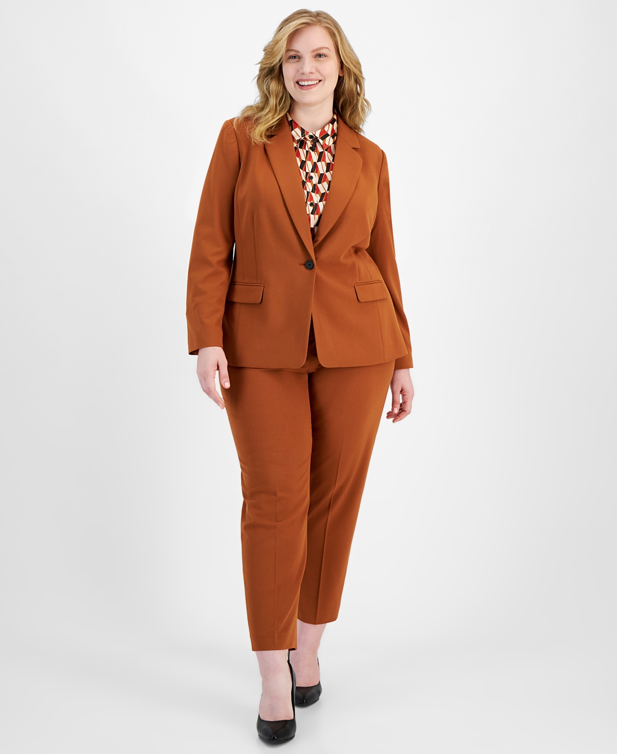 Tahari Asl Plus Size Notched Collar One-button Blazer In Cognac,black Multi