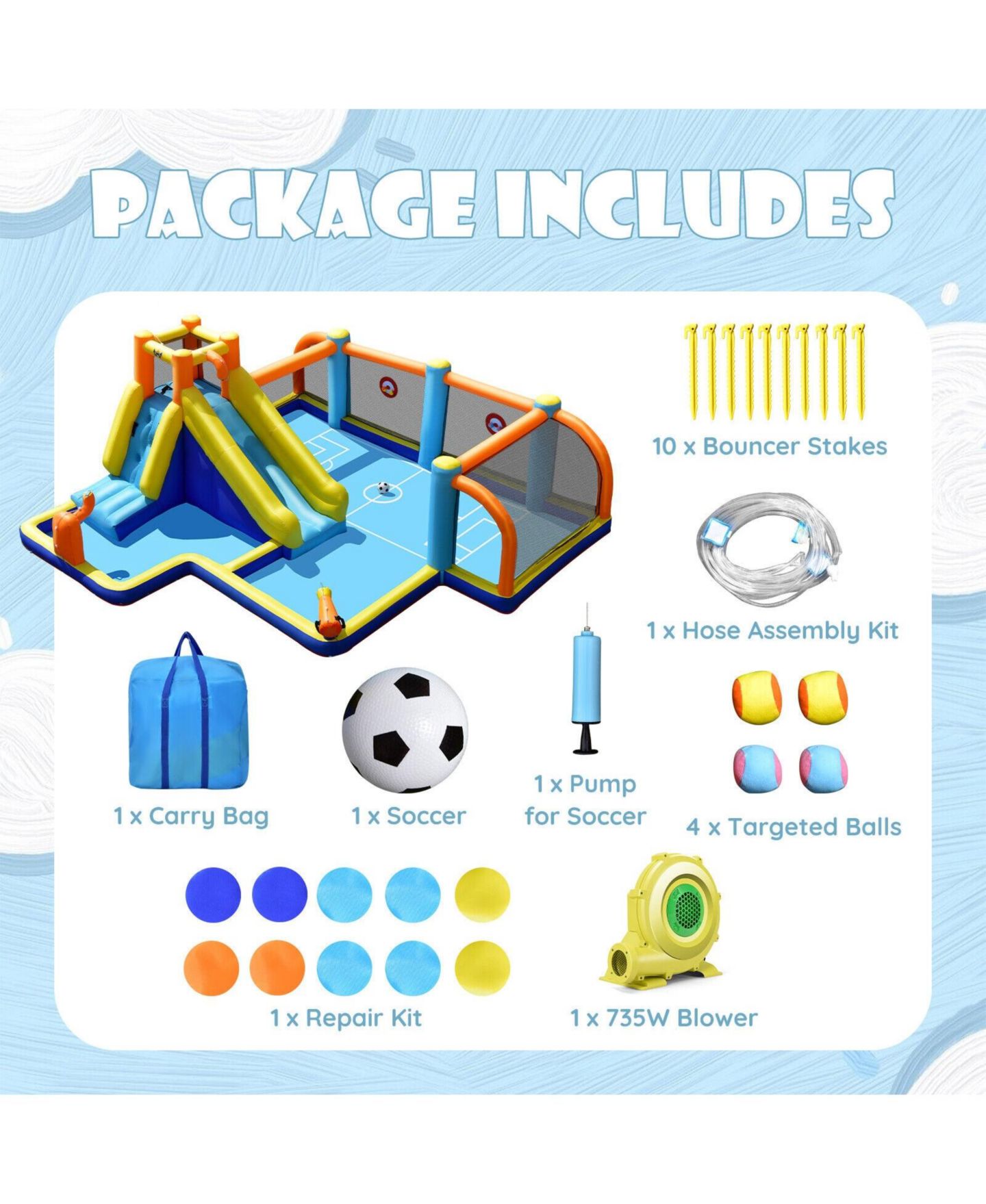 Детская игрушка INOLAIT Giant Soccer-Themed Inflatable Water Slide with 735W Blower, 330 lbs, Ages 3-10, цвет: Синий — фото 8
