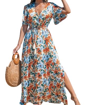 flared sleeve dress maxi Lace Inset Flare Sleeve Maxi Dress - White main image 0