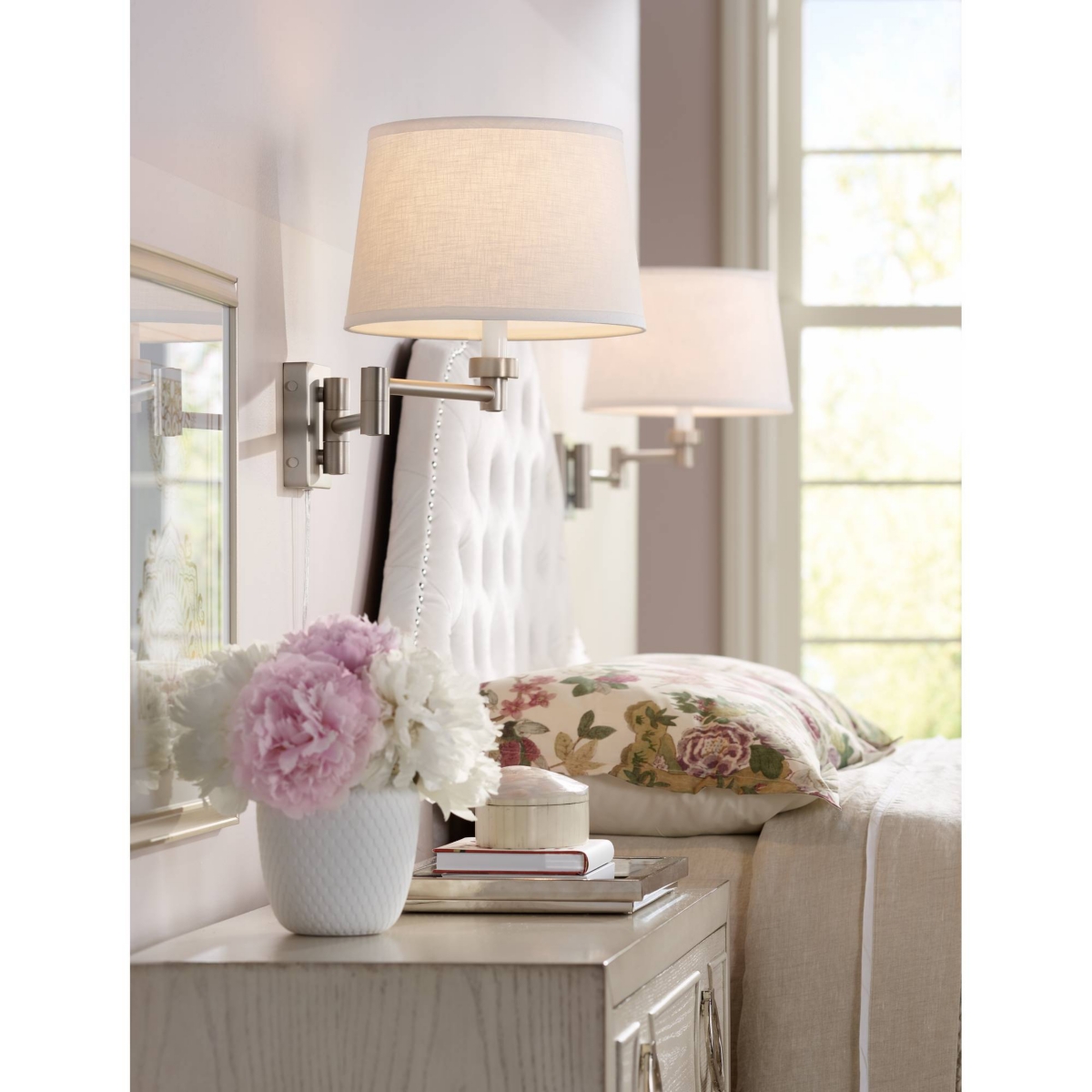 Modern Indoor Swing Arm Wall Lamp Brushed Nickel Plug-In Light Fixture Dimmable White Linen Tapered Drum Shade for Bedroom Bedside House Reading Livin