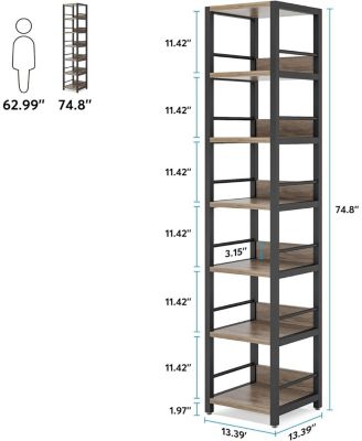 6-Tier Corner Shelf Set of 2, 75 Inch Tall Narrow Bookshelf Storage Rack, Etagere Shelves Display Stand for Small Spaces, Rustic Open Bookcase Square Shelf Tower for Living Room Bathroom
