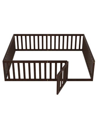 Queen Size Wood Floor Bed Frame With Fence And Door