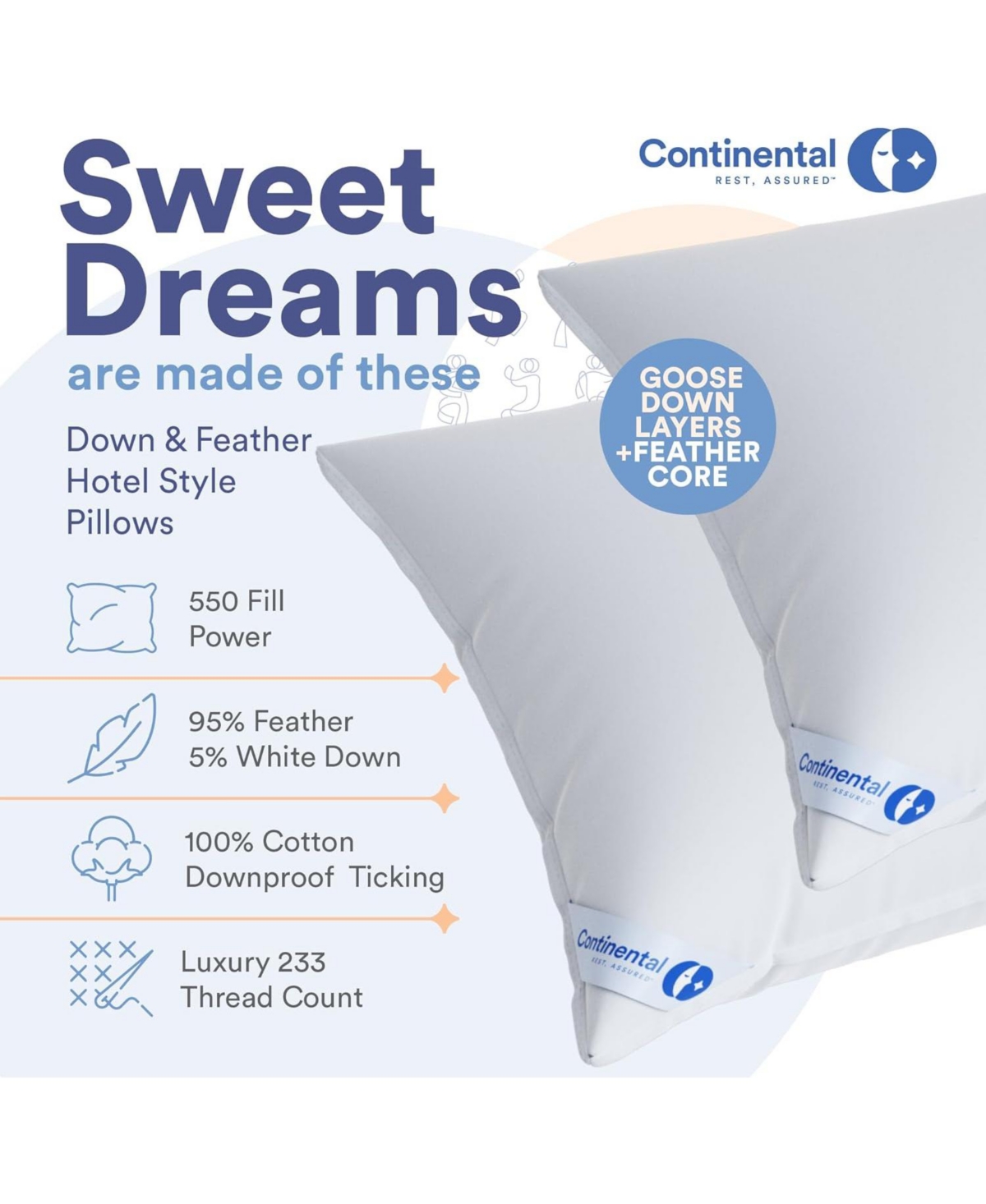 Continental Bedding Down Feather Down Pillows Size Pack of 1 - Hotel Pillow Style