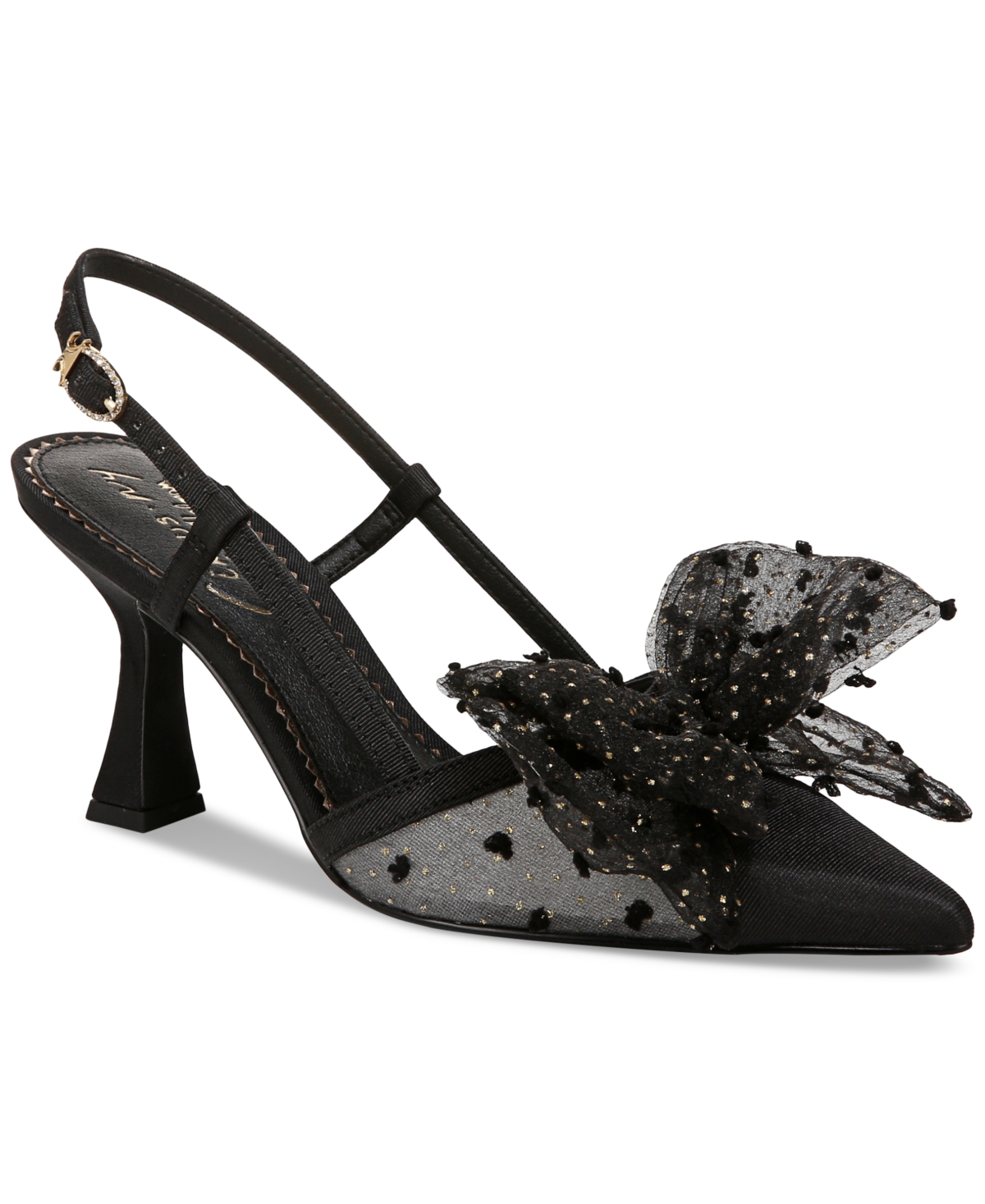 Tess Pointed-Toe Slingback Bow Pumps - Black/Gold Dot