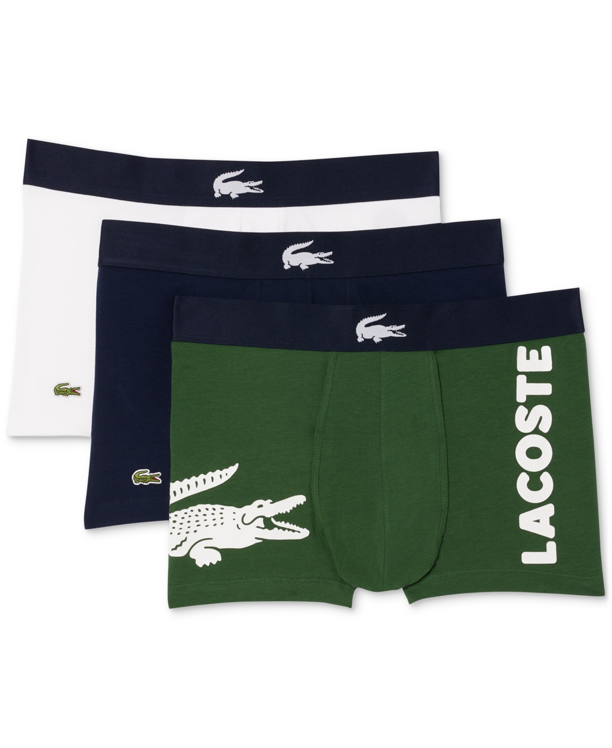 Lacoste Men's 3-pack Regular-fit Big Croc Logo Trunk Underwear In Green,navy,white