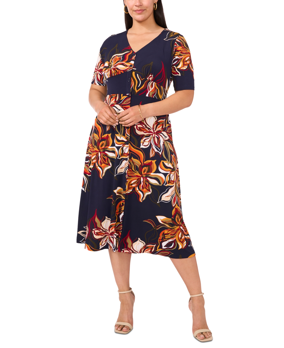 Plus Size Printed V-Neck Button-Front Short-Sleeve Dress - Navy Rust