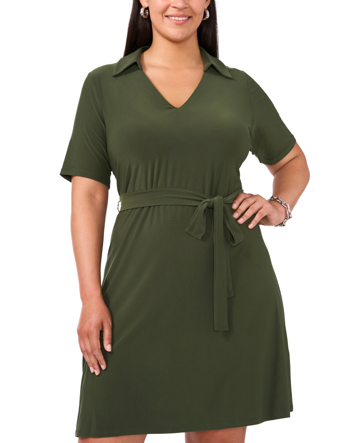 Msk Plus Size Collared-v-Neck Tie-Waist Short-Sleeve Dress