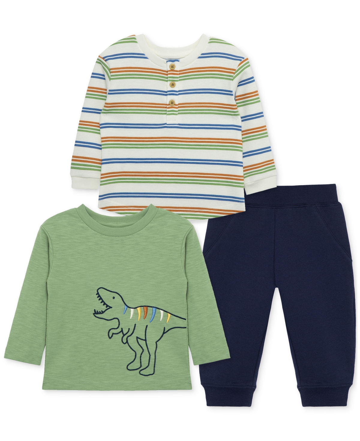 Shop Little Me Baby Boys 3-pc. Striped Top, Dinosaur Patterned Top & Pull-on Pants In Blue