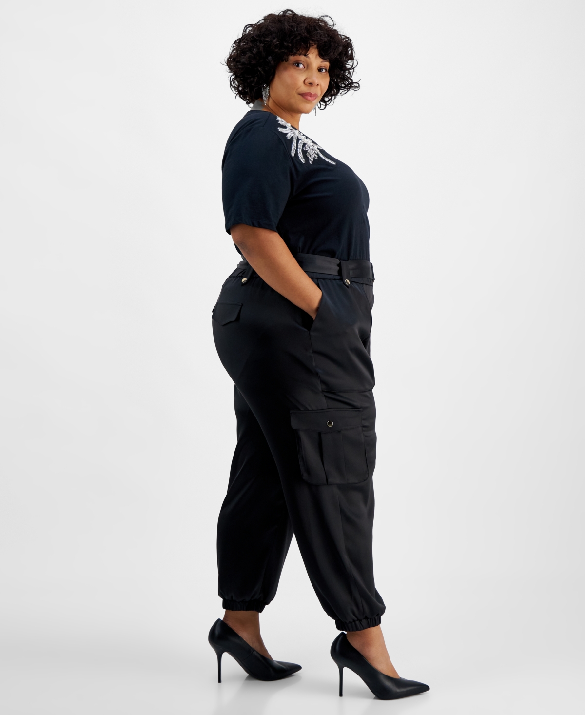 I.n.c. International Concepts Plus Size Belted High-Rise Satin Cargo Pants, Created for Macy's