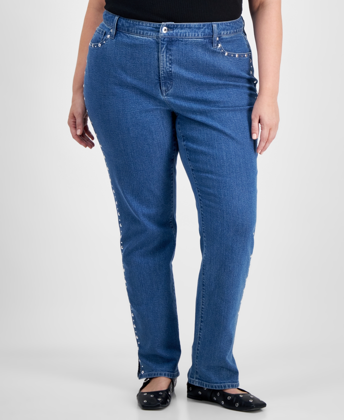 I.n.c. International Concepts Plus Size High-Rise Rhinestone-Trim Jeans, Created for Macy's