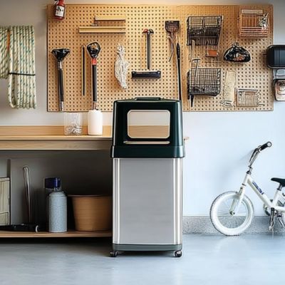 Stainless Steel Dual Side Entry Trash Can with AbsorbX Odor Filter and Wheels, Silver