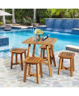5 Pieces Wood Patio Dining Set with Square Table and 4 Stools