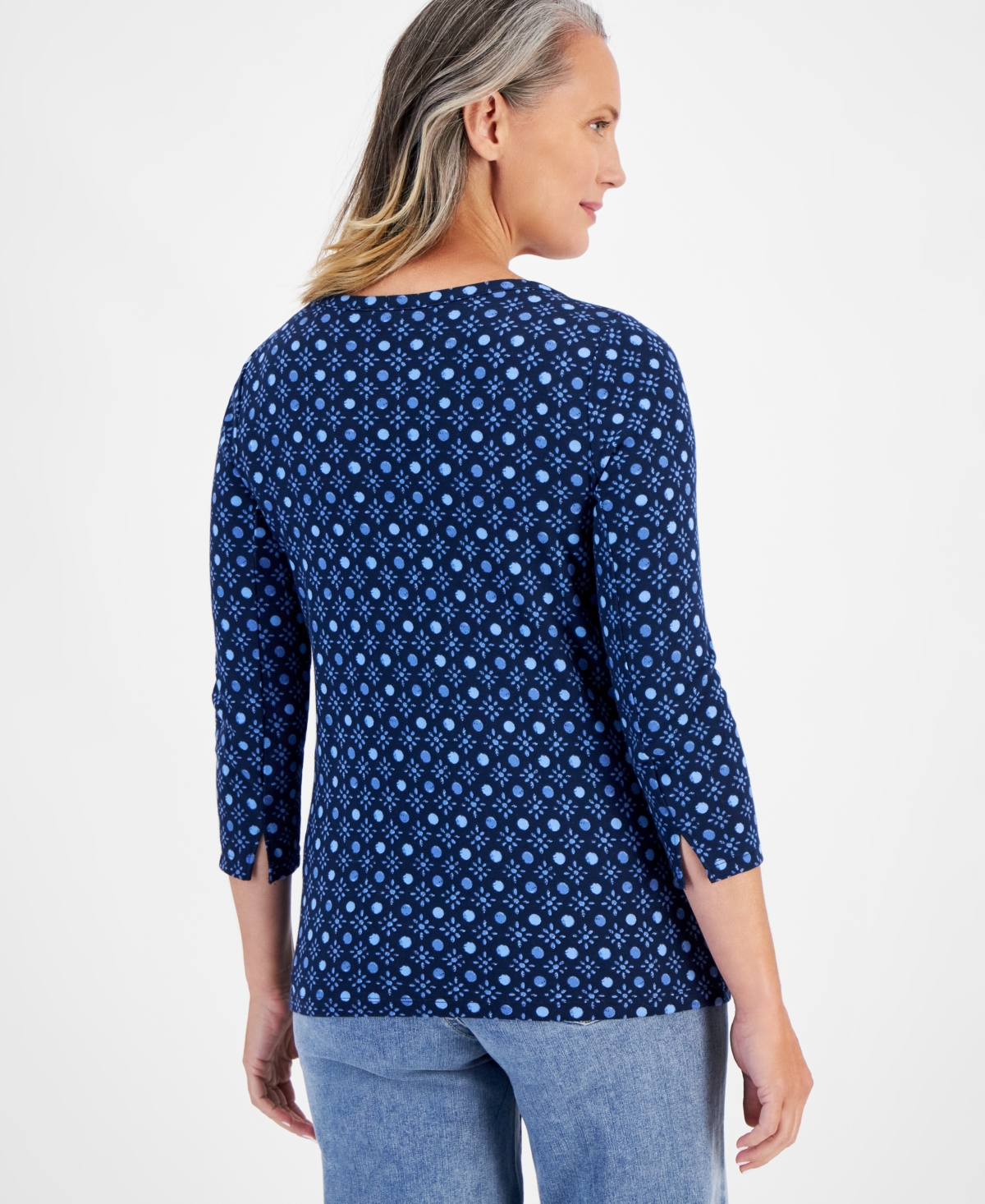 Style & Co Petite Cotton Floral-Print 3/4-Sleeve Top, Created for Macy's