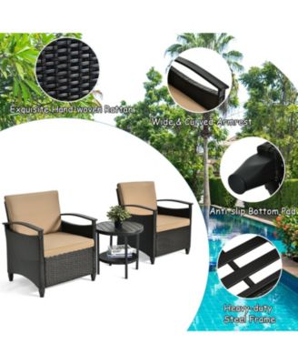 3 Pieces Patio Rattan Furniture Set Cushioned Sofa Storage Table with Shelf Garden