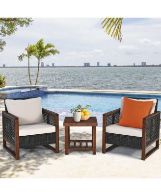 3 Pieces Patio Wicker Furniture Set with Washable Cushion and Acacia Wood Coffee Table-Beige