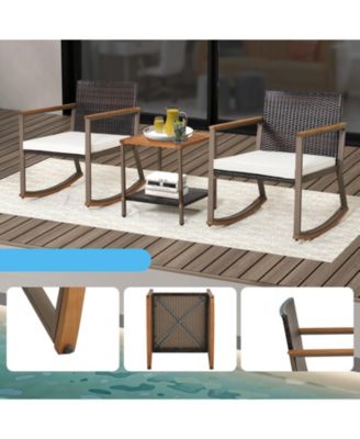 3 Pieces Rattan Rocking Bistro Set with Coffee Table and Cushions