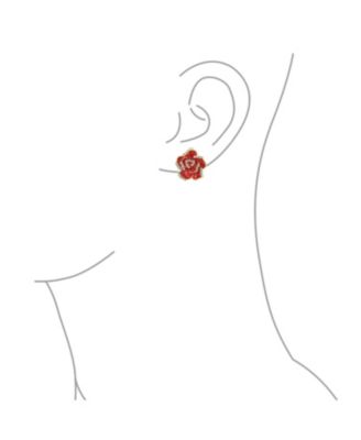 Set of 2 Pink Red Enamel Flower Crystal Edge Clip-On Earrings Gold Plated