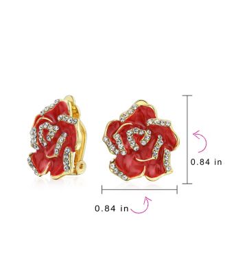 Set of 2 Pink Red Enamel Flower Crystal Edge Clip-On Earrings Gold Plated
