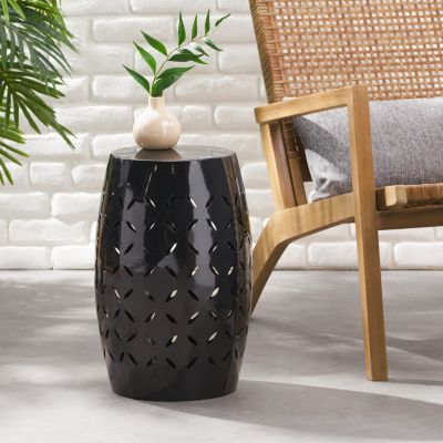 Streamdale Black Barrel-Shaped Lace-Cut Side Table for Patio or Garden